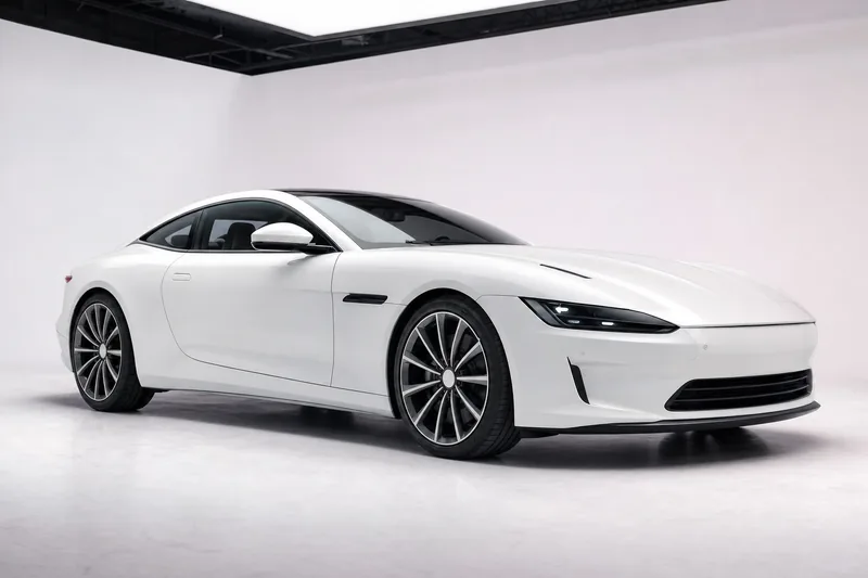 A white coupe on a pale grey studio cove, lit evenly for a listing.