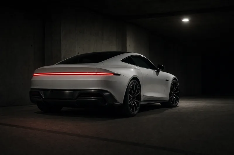 A white coupe from a low rear three-quarter in a dark garage, its full-width tail-light lit.