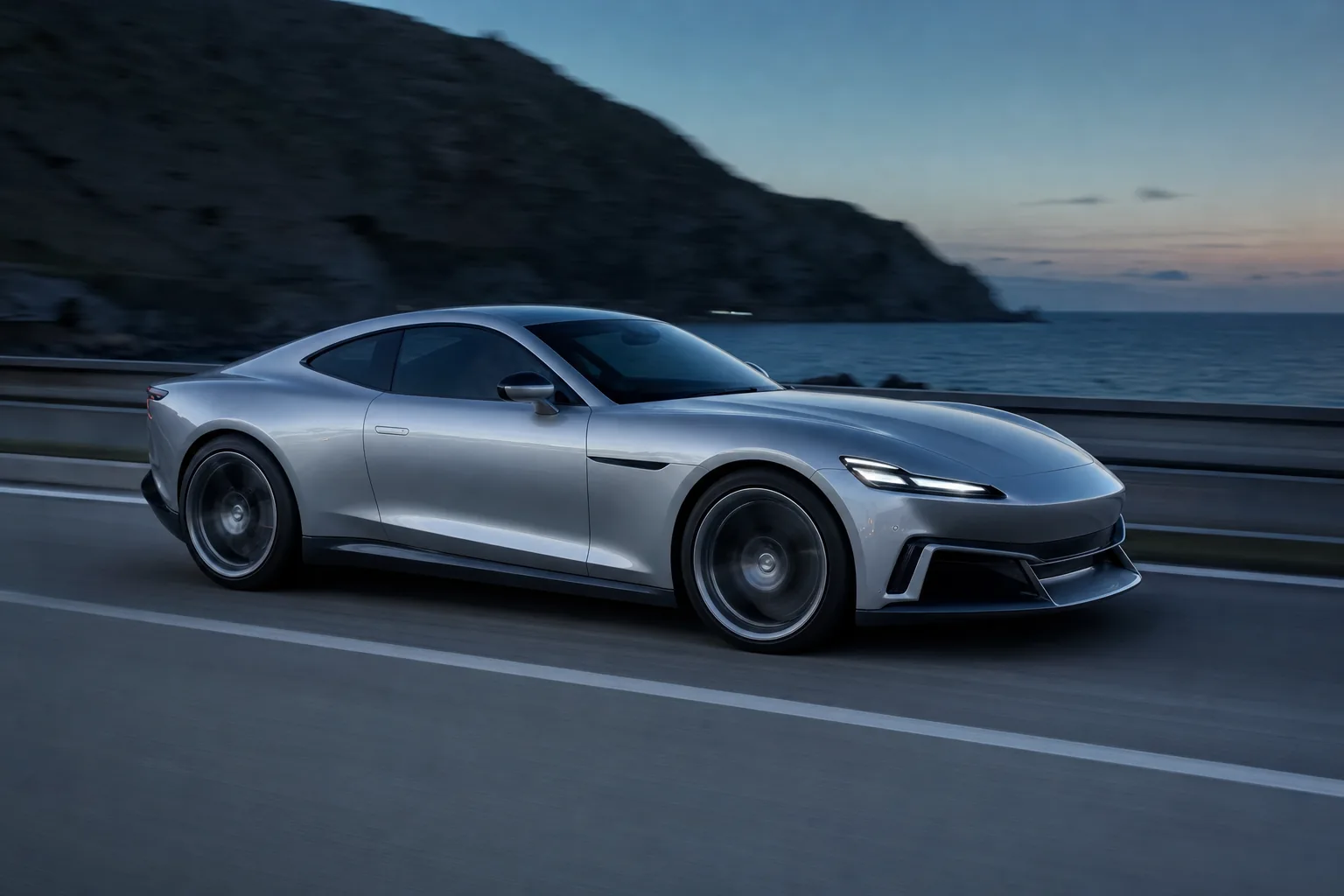 A silver coupe on a coast road at blue hour, the body sharp and the road streaked.