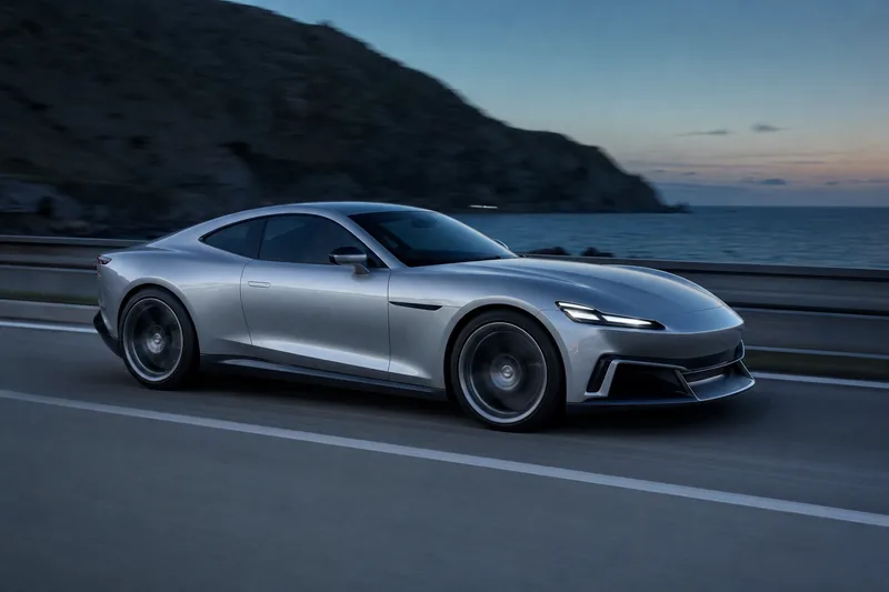 A silver coupe on a coast road at blue hour, the body sharp and the road streaked.