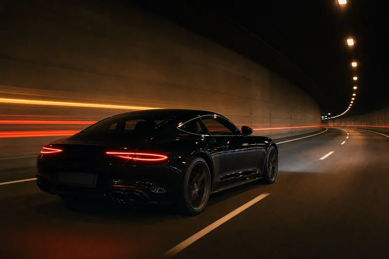 A black coupe in a concrete tunnel at night, red tail-light trails on the walls.