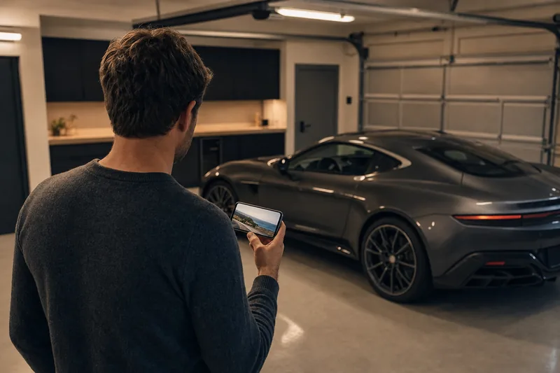 A man in a home garage watching a car film on his phone, a graphite coupe beside him.